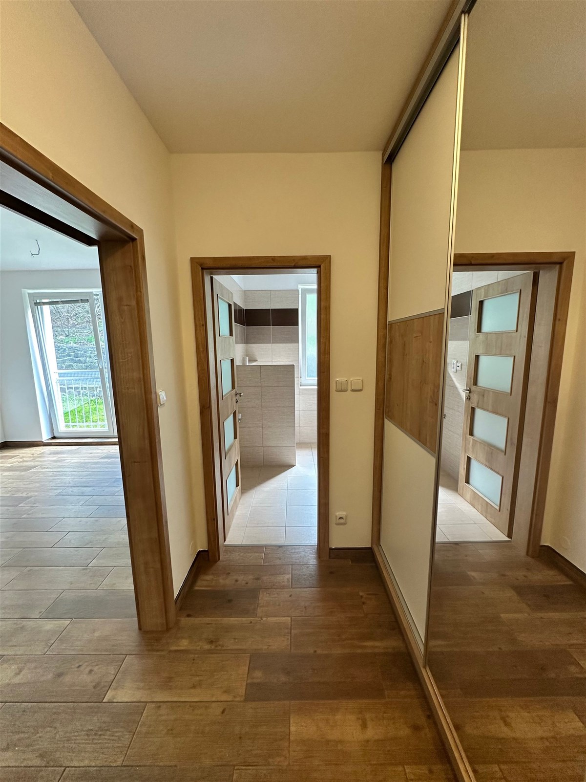 Vstupní chodba s dřevěnou podlahou, vestavěnými skříněmi a moderními dveřmi do koupelny a obývacího pokoje s velkými okny