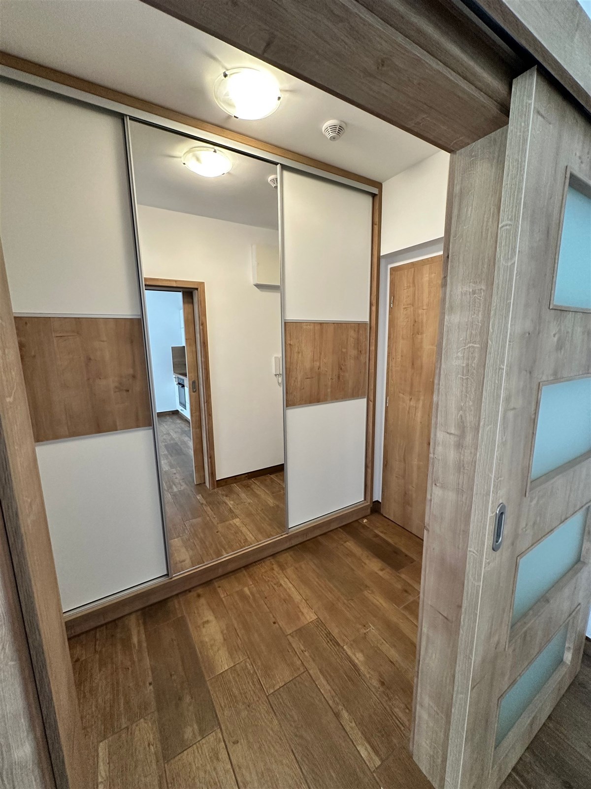 Chodba s parketovou podlahou, vestavěné skříně a dřevěné posuvné dveře dodávají moderní vzhled.