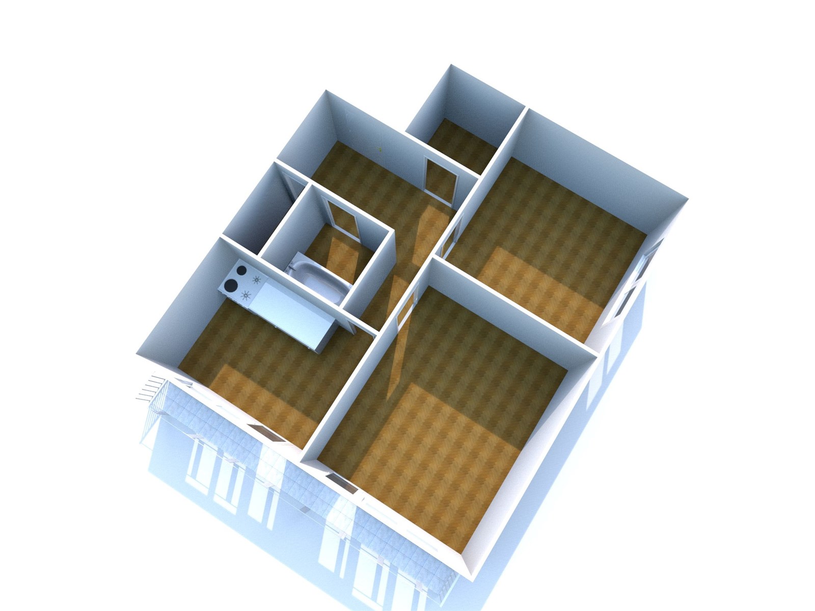 Půdorys bytu s parketovou podlahou, dvě ložnice, p