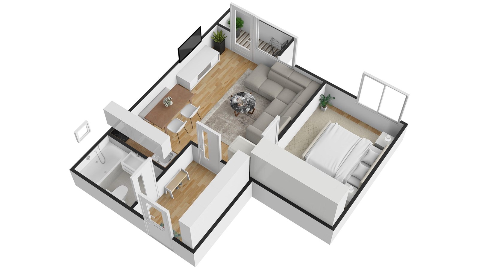 Plán moderního bytu s parketovou podlahou, prostor