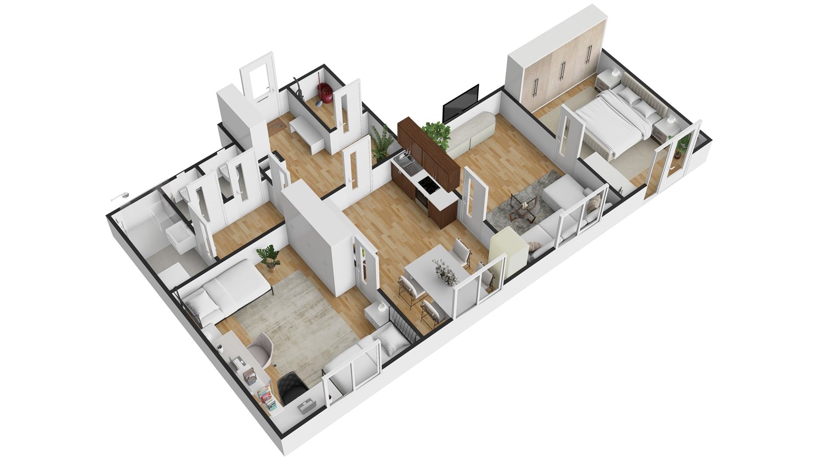 3D půdorys moderního bytu s dřevěnou podlahou, svě