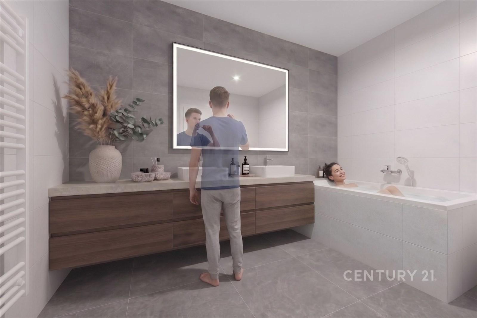 Moderní koupelna s dlažbou, velkým zrcadlem a dřev