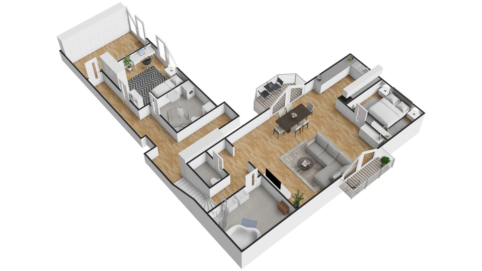 Půdorys bytu s moderní kuchyní a obývacím pokojem,