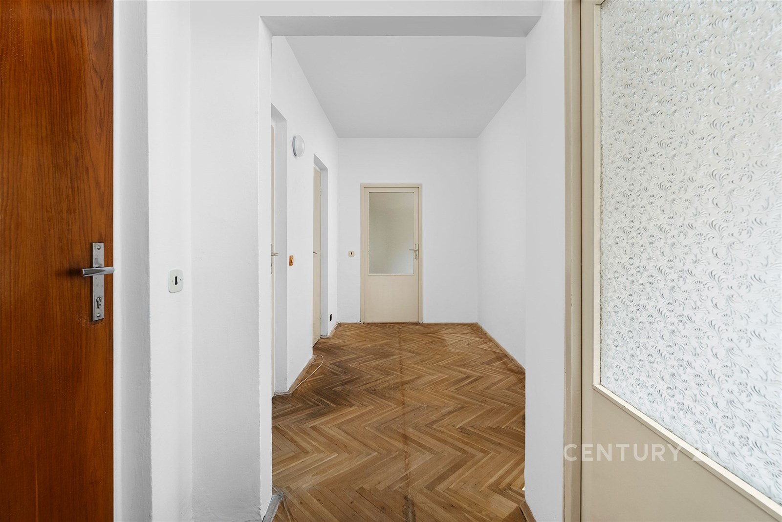 Široká vstupní hala s parketovou podlahou, bílými stěnami a moderním designem, nabízí přístup do dalších místností a vyzařuje prostornost.