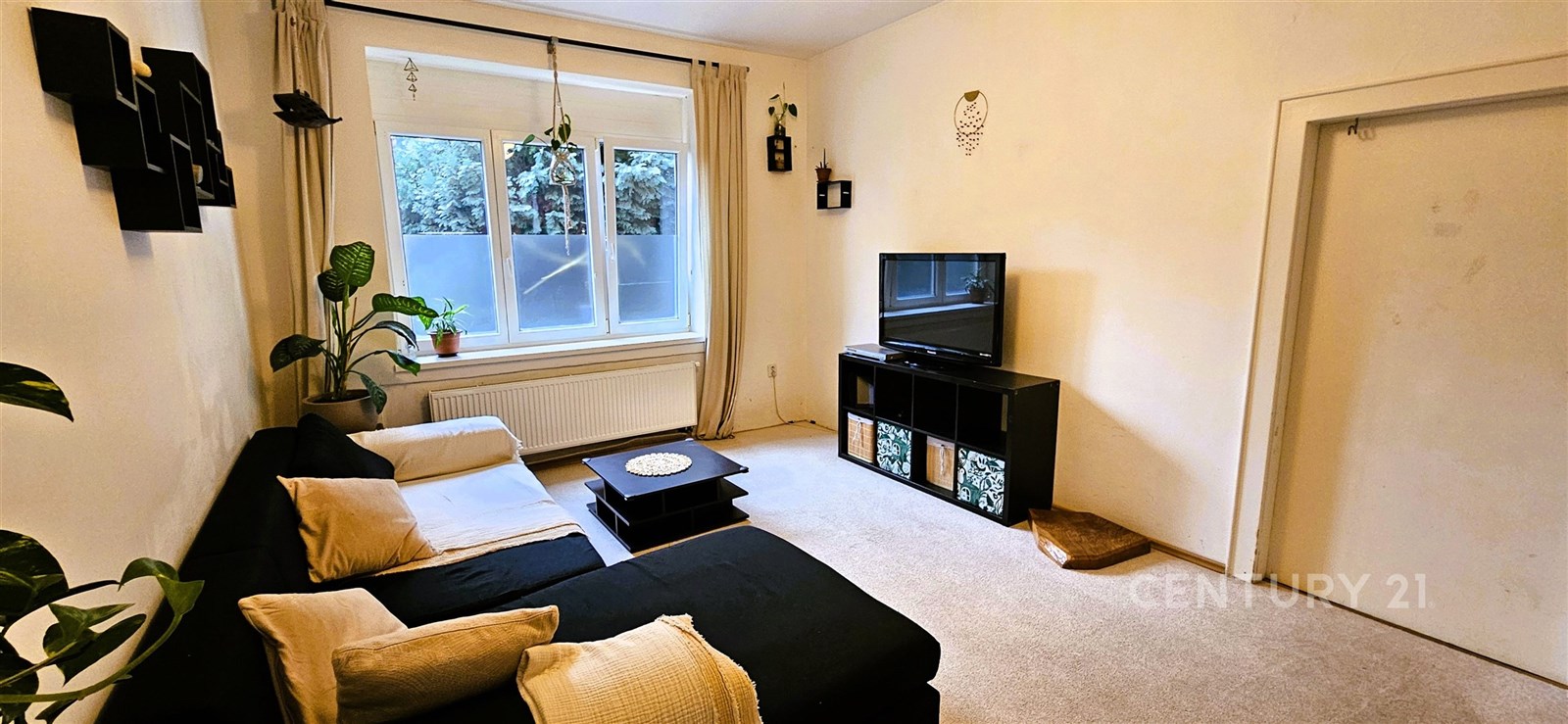 Světlý obývací pokoj s velkými okny, černobílou se