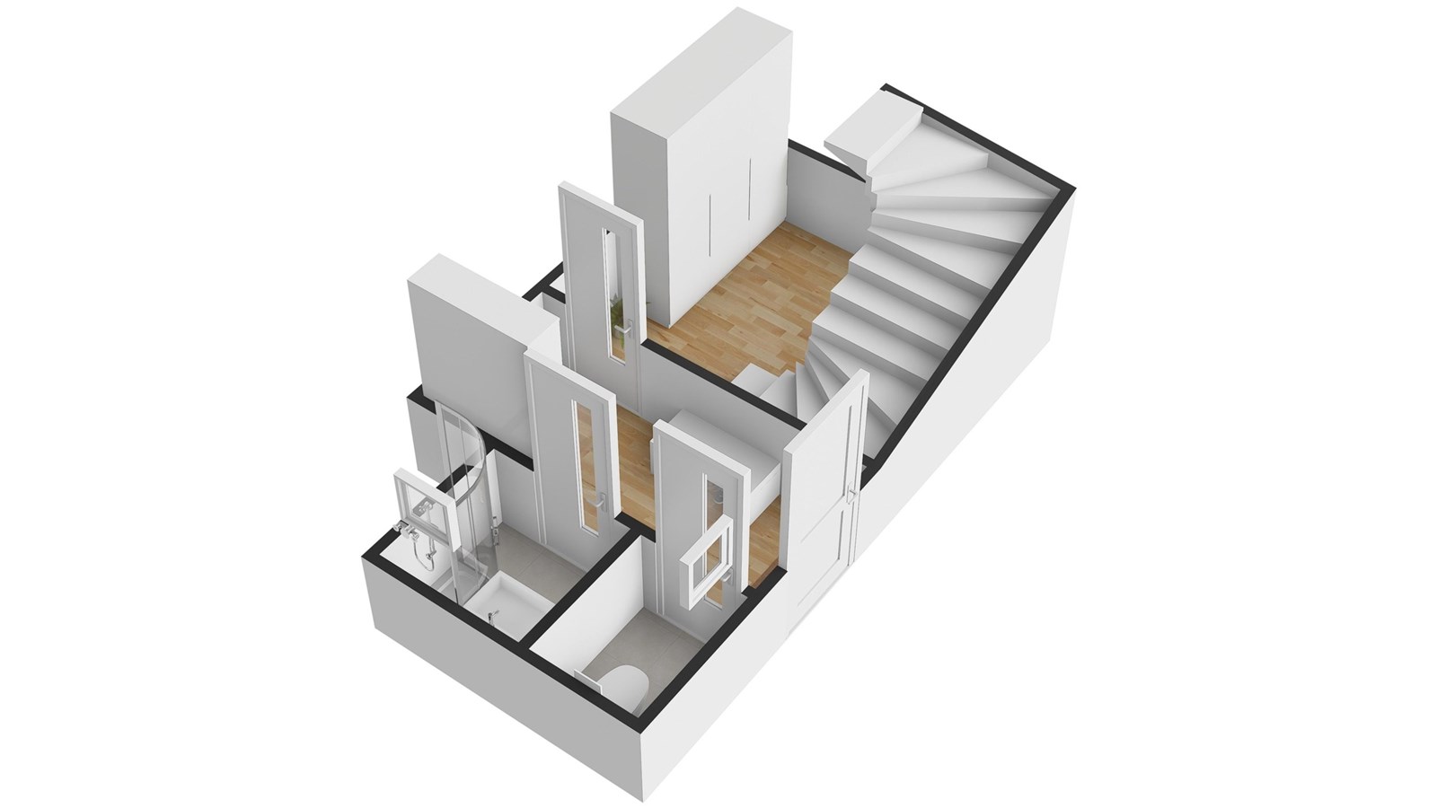 Prázdné schodiště s parketovou podlahou a moderním