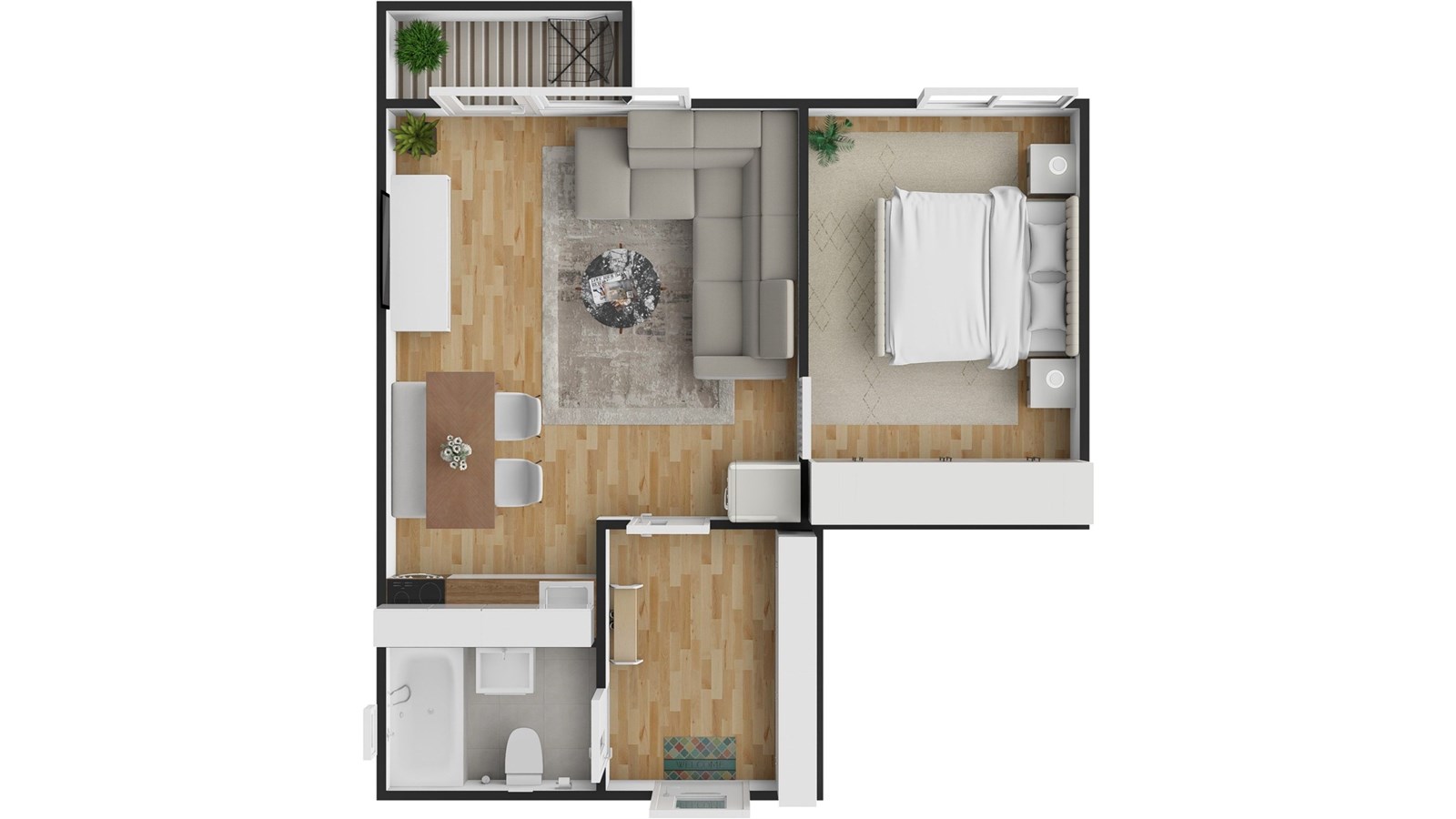 Půdorys bytu s parketovou podlahou, prostorný obýv