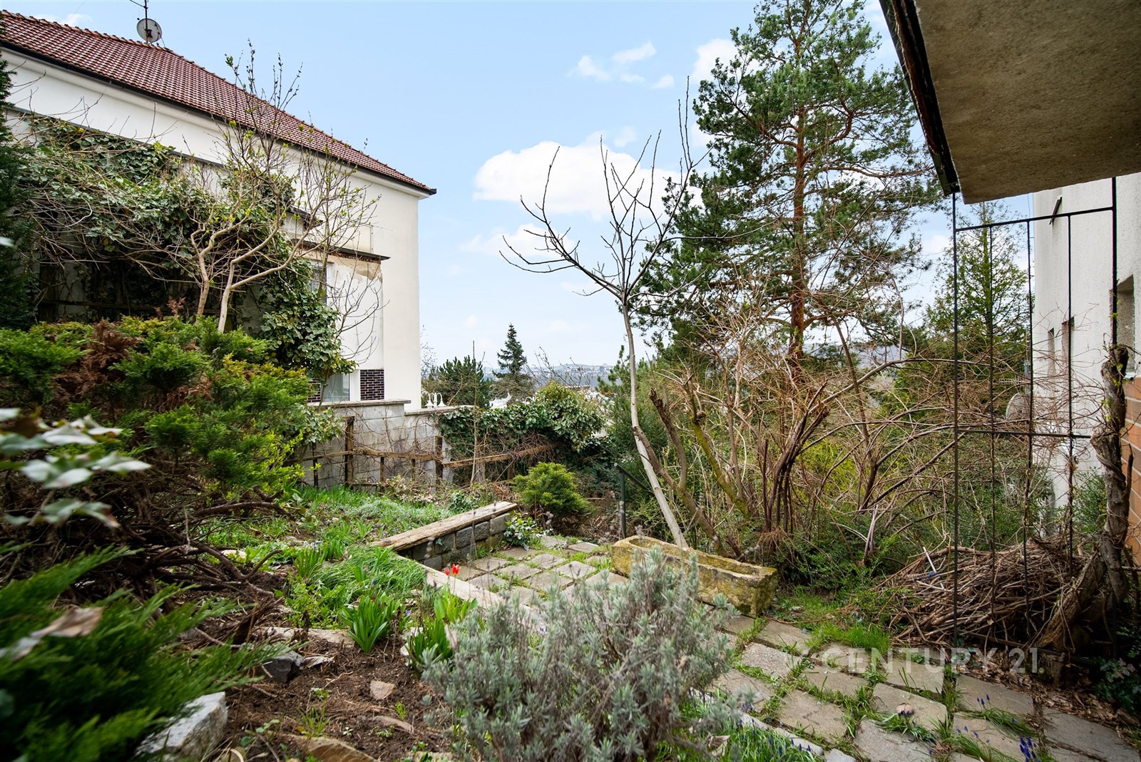 Zahrada s přírodními prvky, kamenná cesta a bohatá