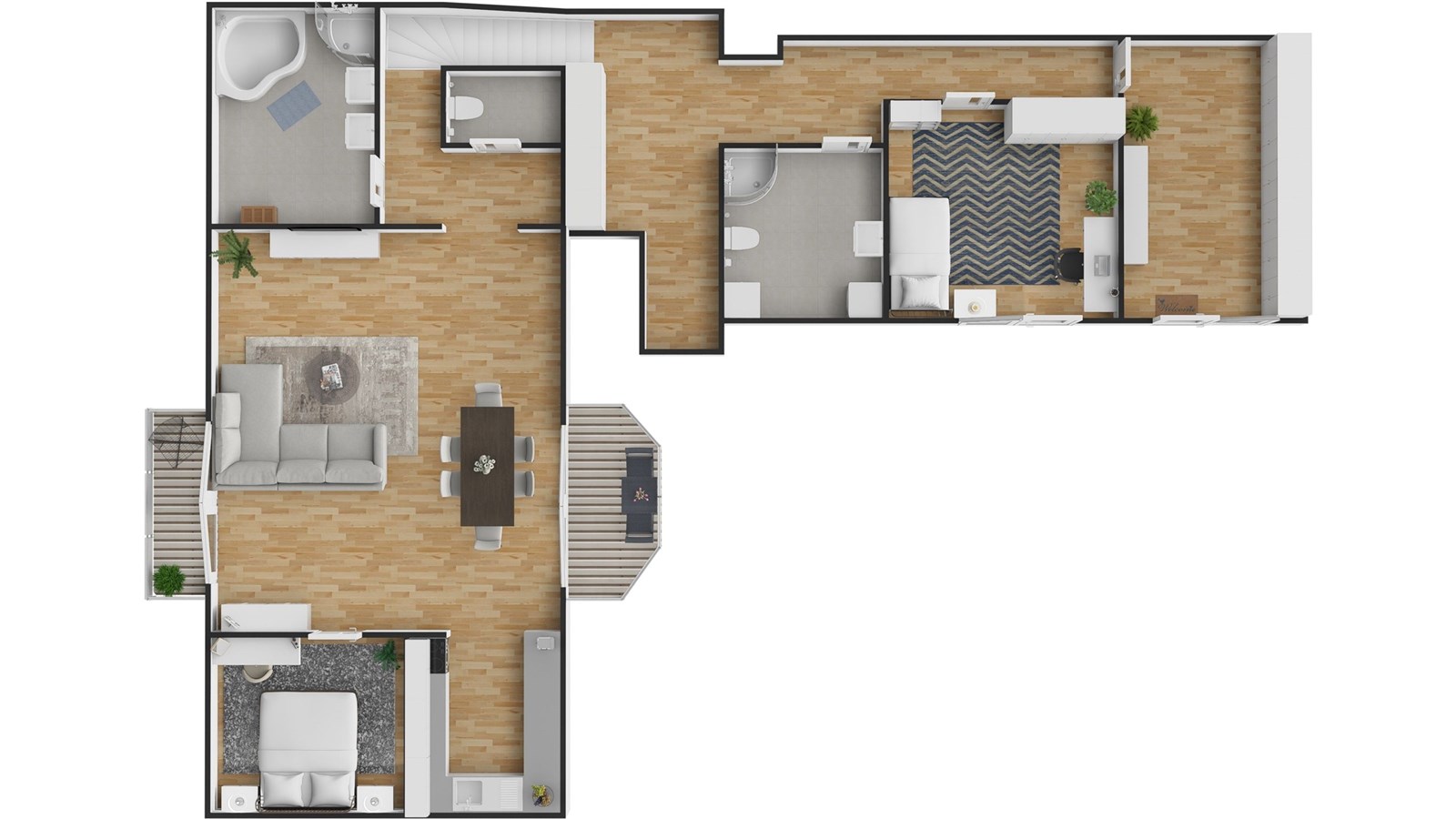 Půdorys bytu s parketovou podlahou zahrnuje prosto