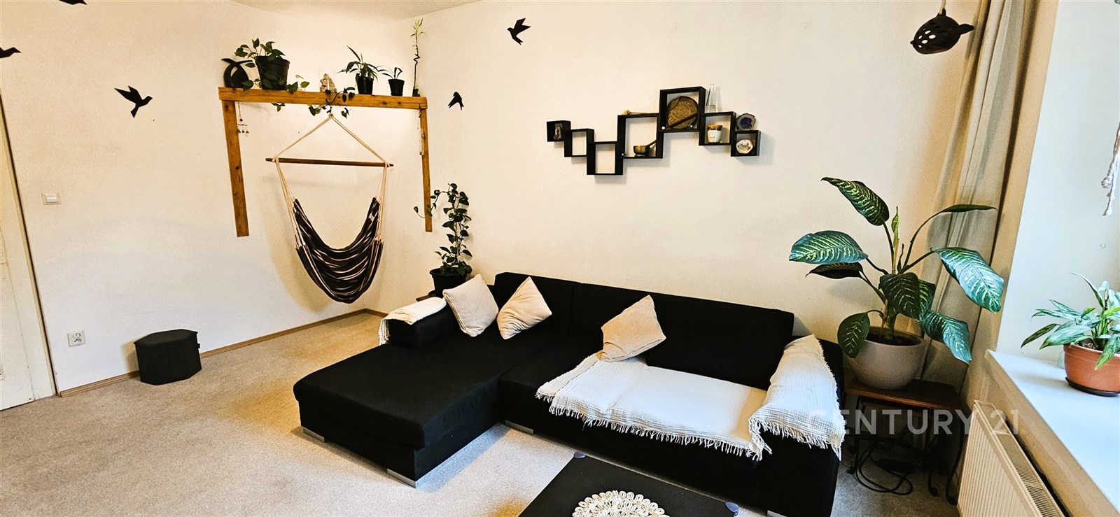 Světlý obývací pokoj s moderním černým gaučem, ori