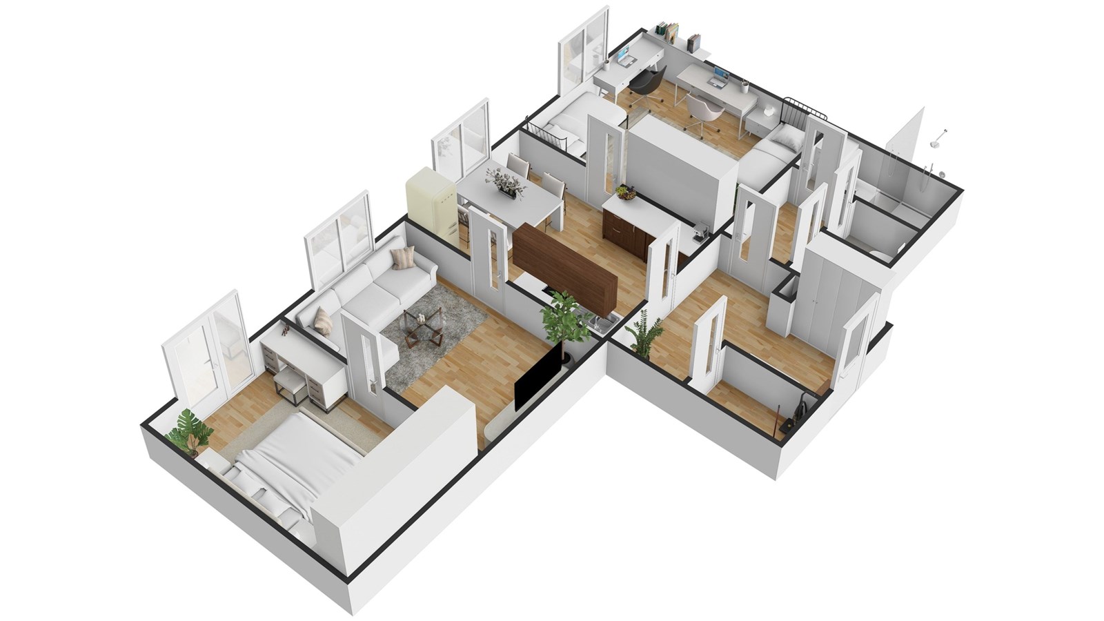 3D půdorys bytu s moderní kuchyní a parketovou pod