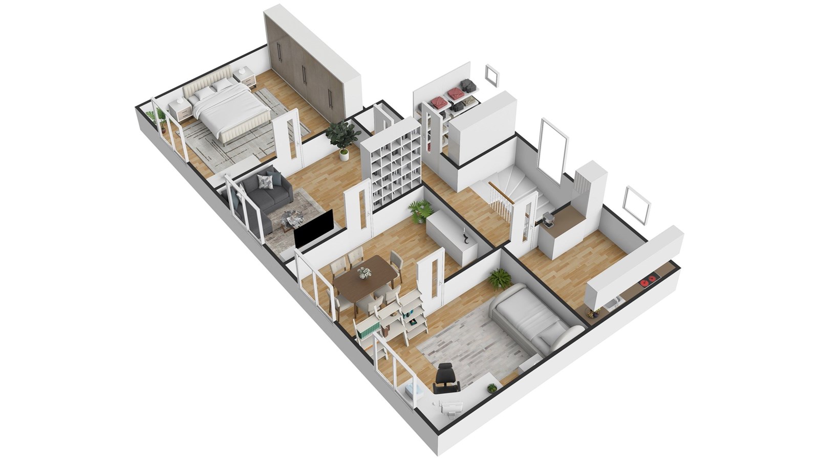 Půdorys bytu s moderní kuchyní, parketová podlaha 