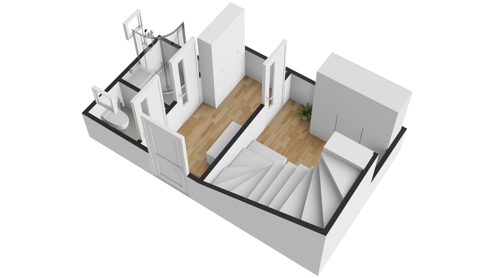 Půdorys bytu s parketovou podlahou, vestavěnými sk