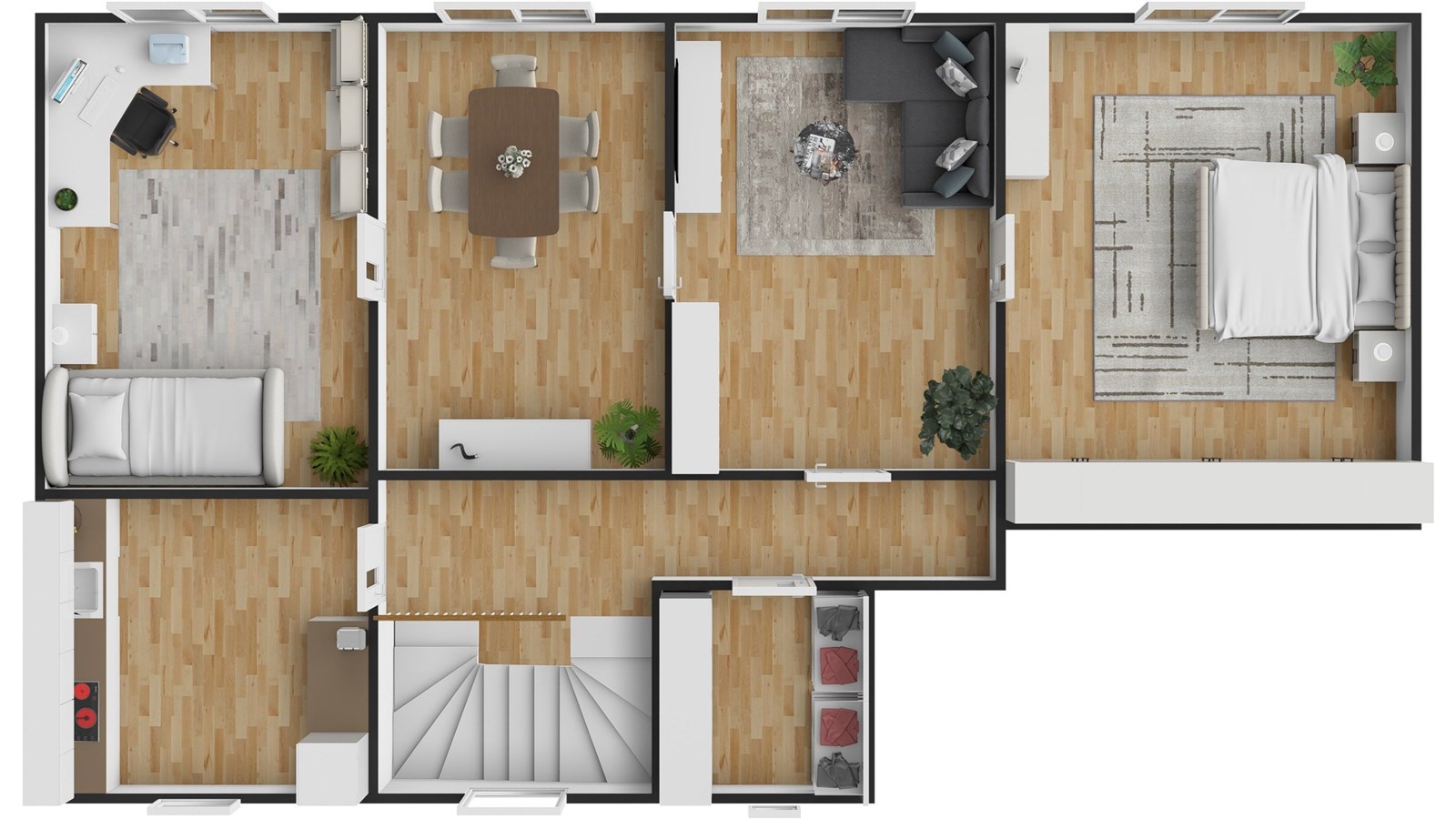 Půdorys bytu s parketovou podlahou zahrnuje modern