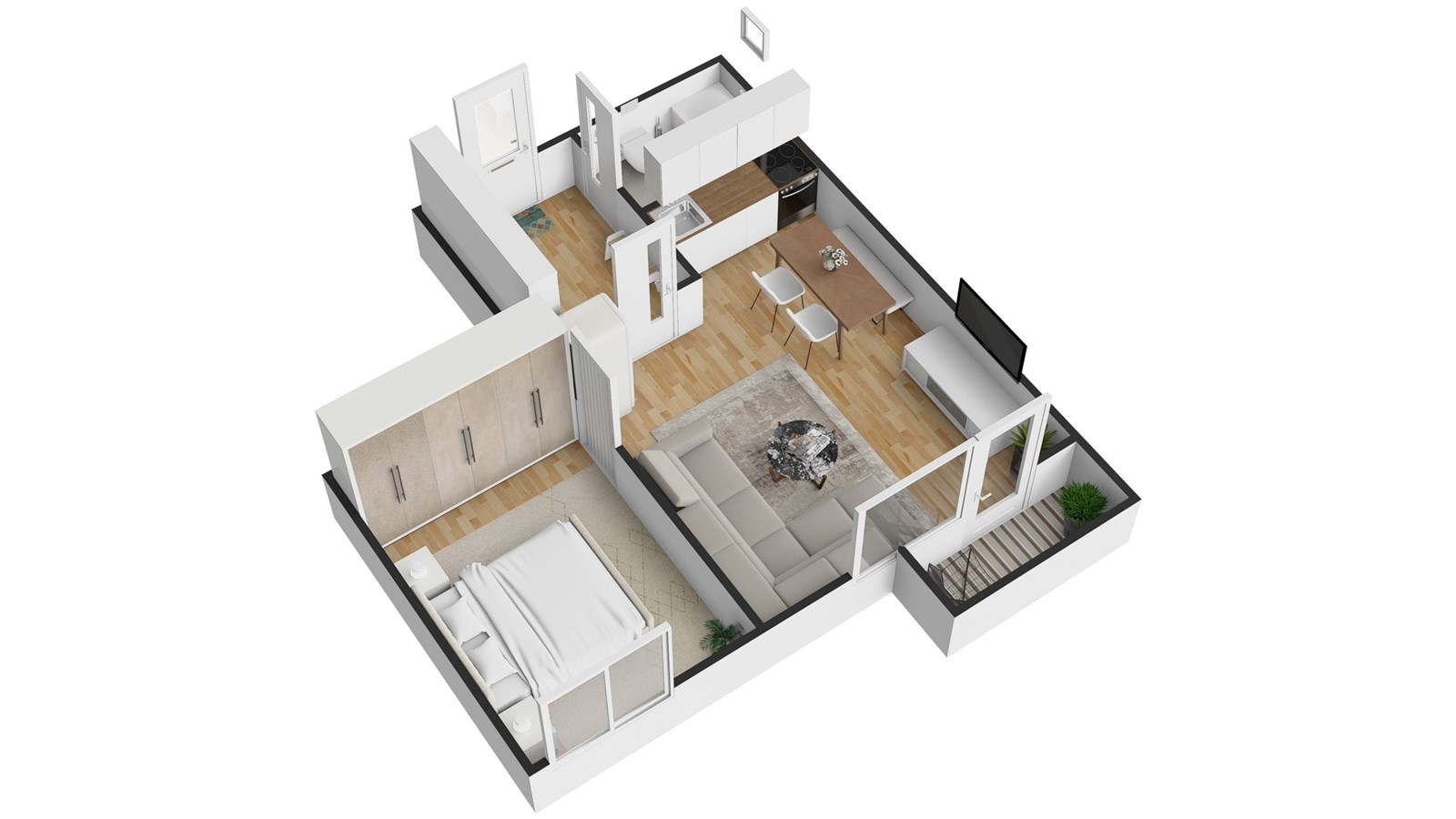 3D půdorys bytu s parketovou podlahou, světlým obý