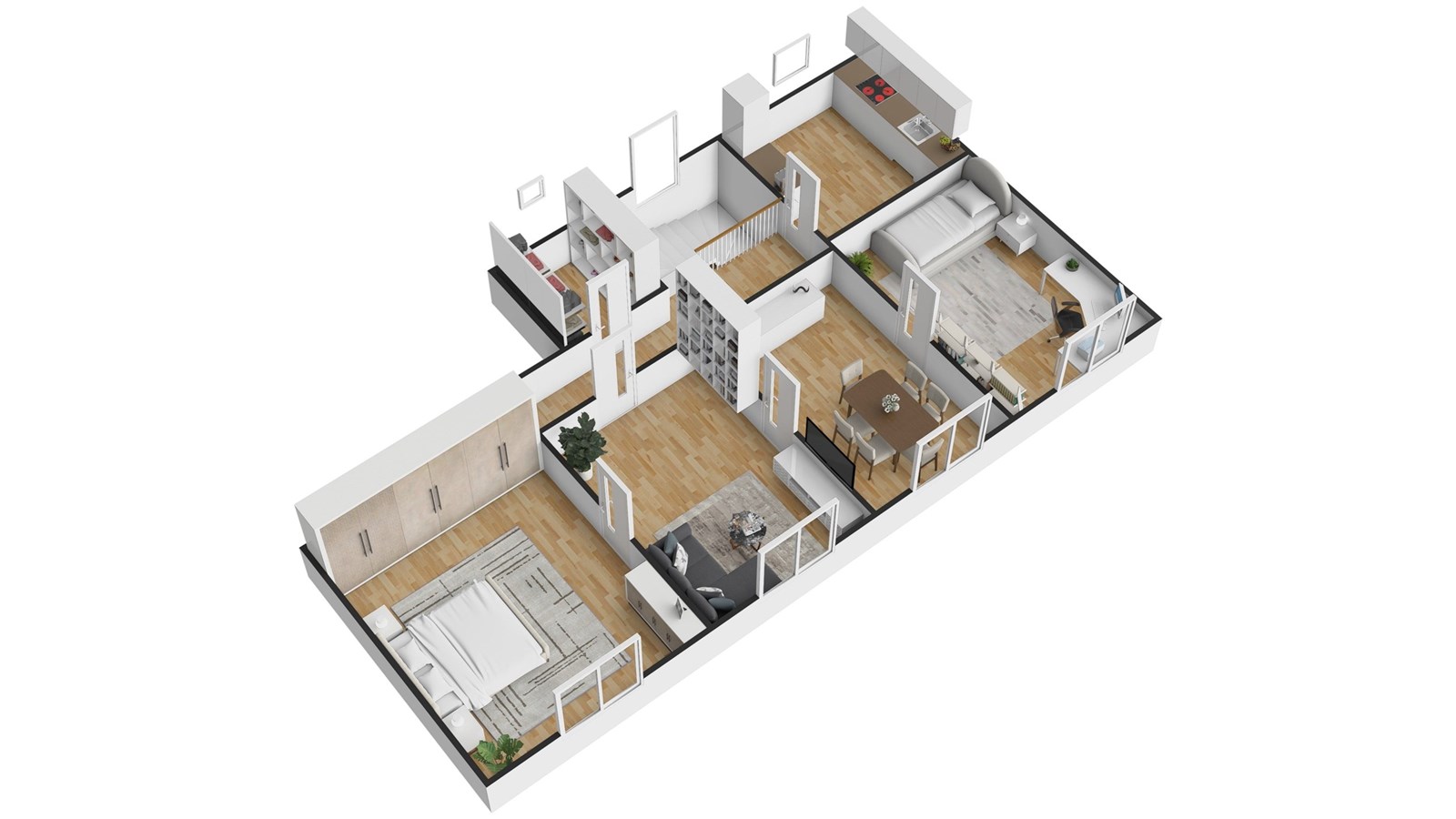 3D půdorys bytu s parketovou podlahou, světlý obýv