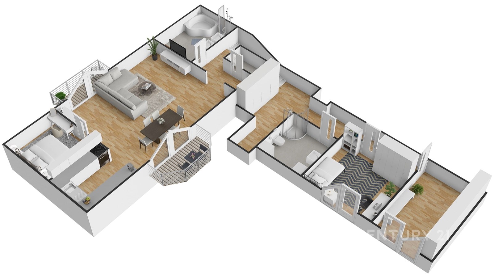 Detailní půdorys moderního bytu s parketovou podla