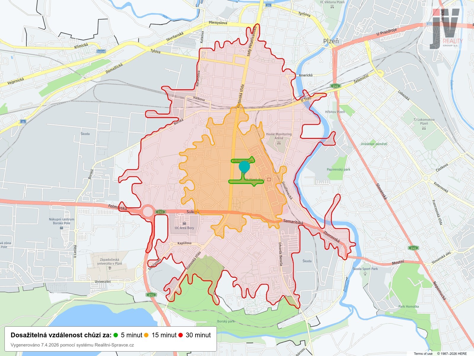 Dosažitelná vzdálenost: chůze