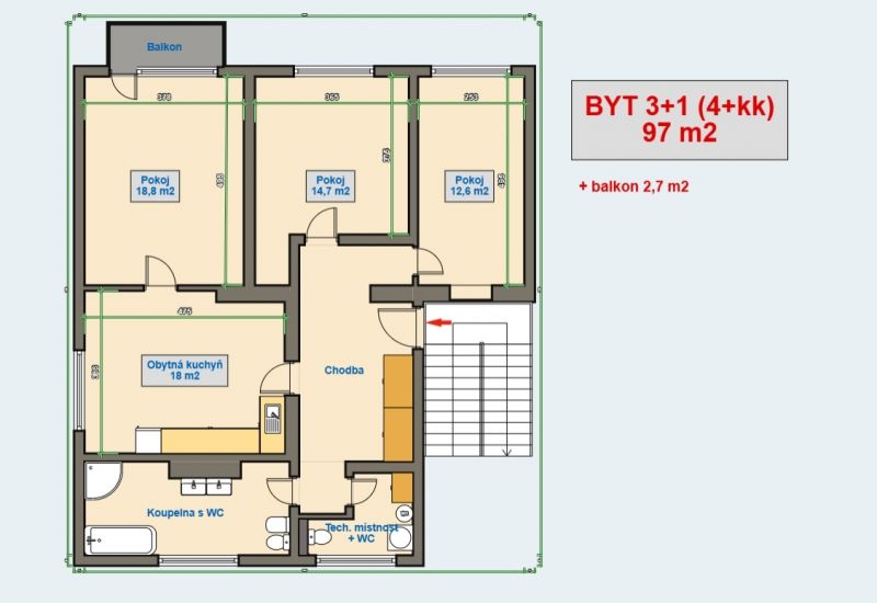 Byt 3+1/B (4+kk), 97m2, v Hr. Král.- Malšovice, ul