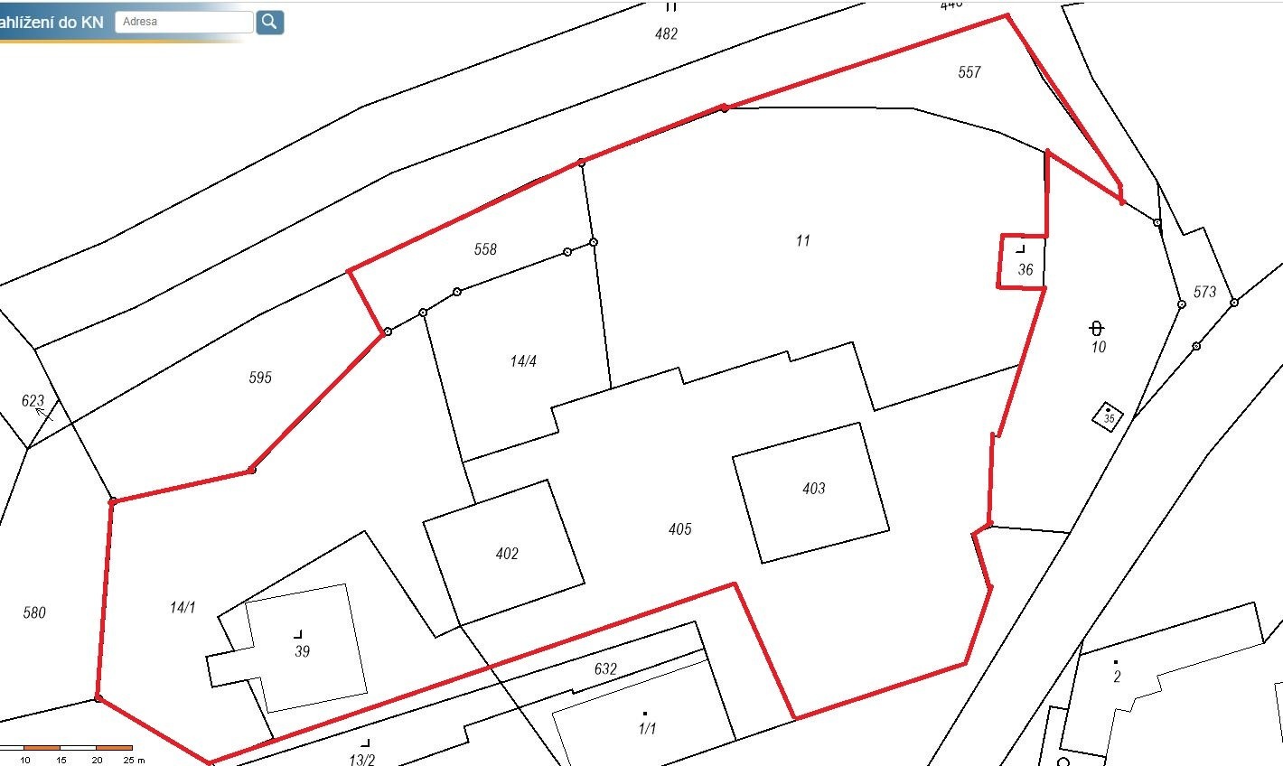 snímek kat. mapy s vyznačenými pozemky