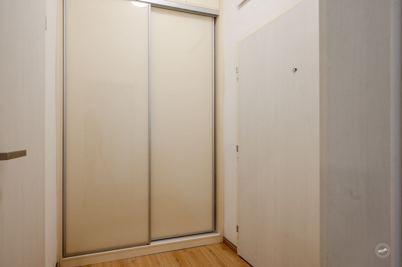 Předsíň s parketovou podlahou, bílé stěny, vestavěné skříně, moderní styl.