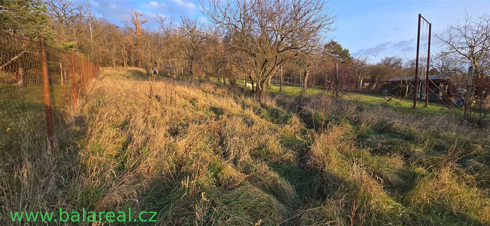 Zahrada s ovocnými stromy a oplocením, vhodná pro rekreační využití nebo pěstování, nacházející se v klidném prostředí blízko přírody.