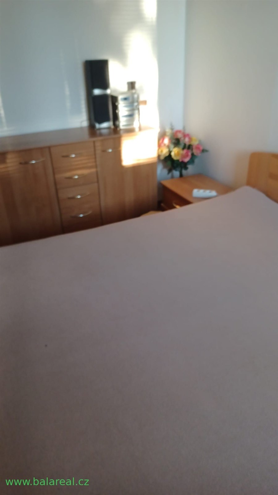 Prostorná ložnice s dřevěným nábytkem, světlé stěny, velká komoda s květinami, moderní a útulný interiér