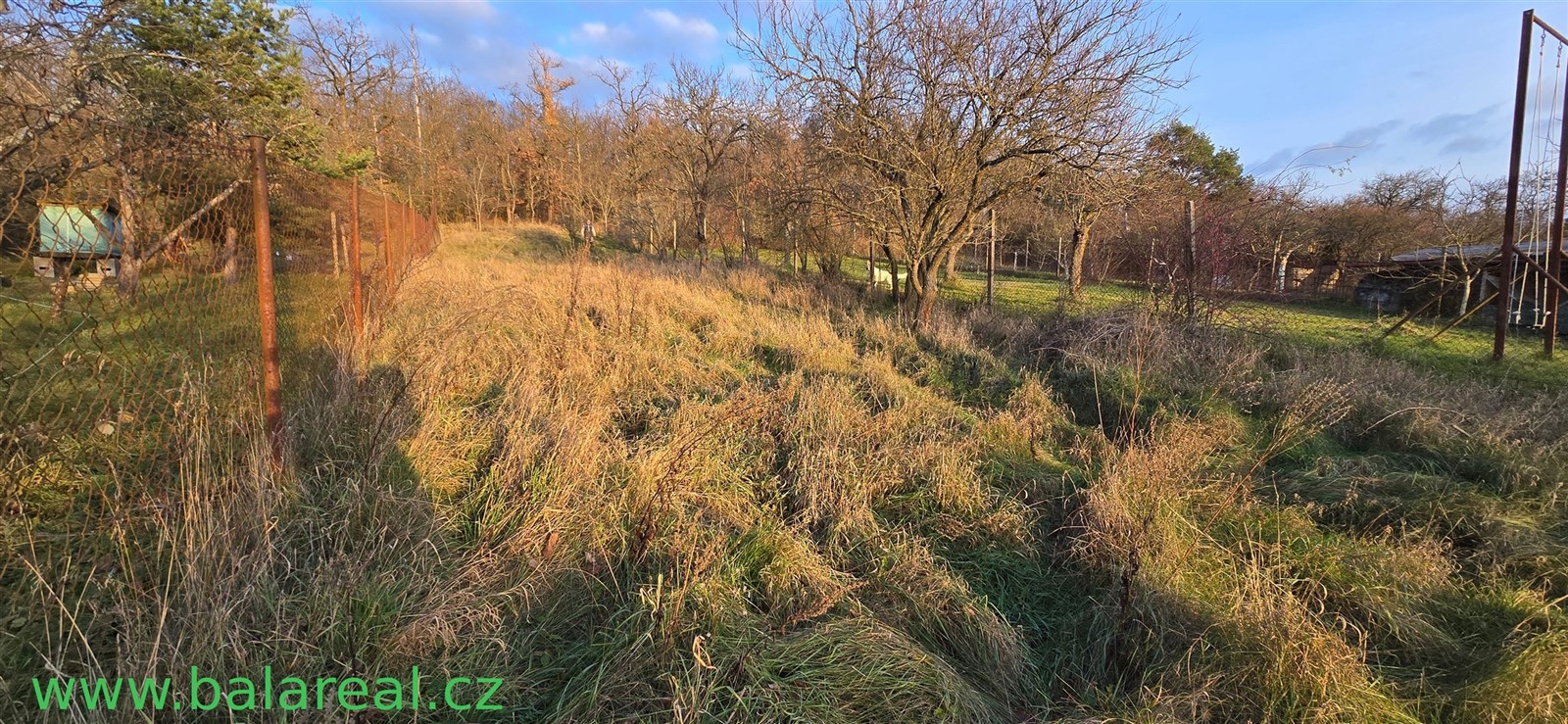 Prostorná zahrada s přírodními prvky, oplocení, vzrostlé stromy, vhodná pro rekonstrukci.