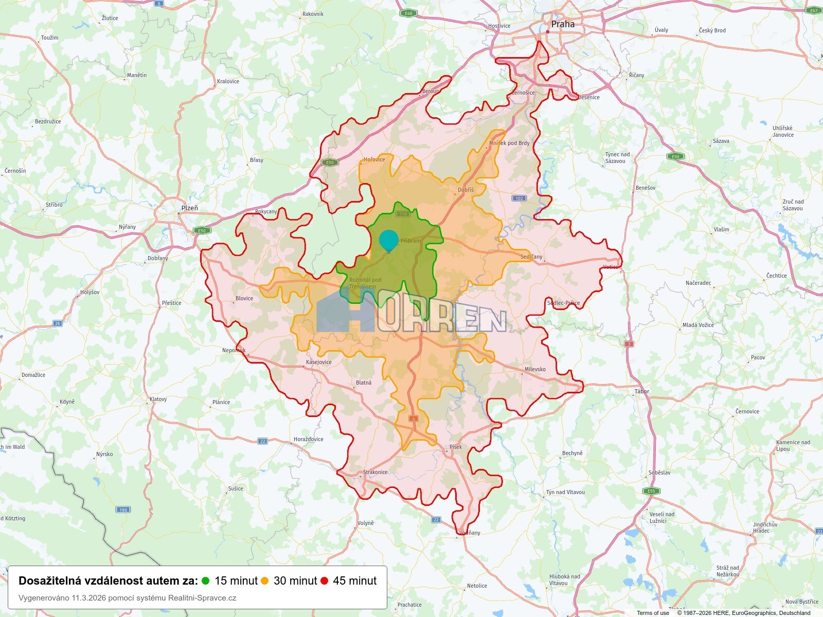 Dosažitelná vzdálenost: auto