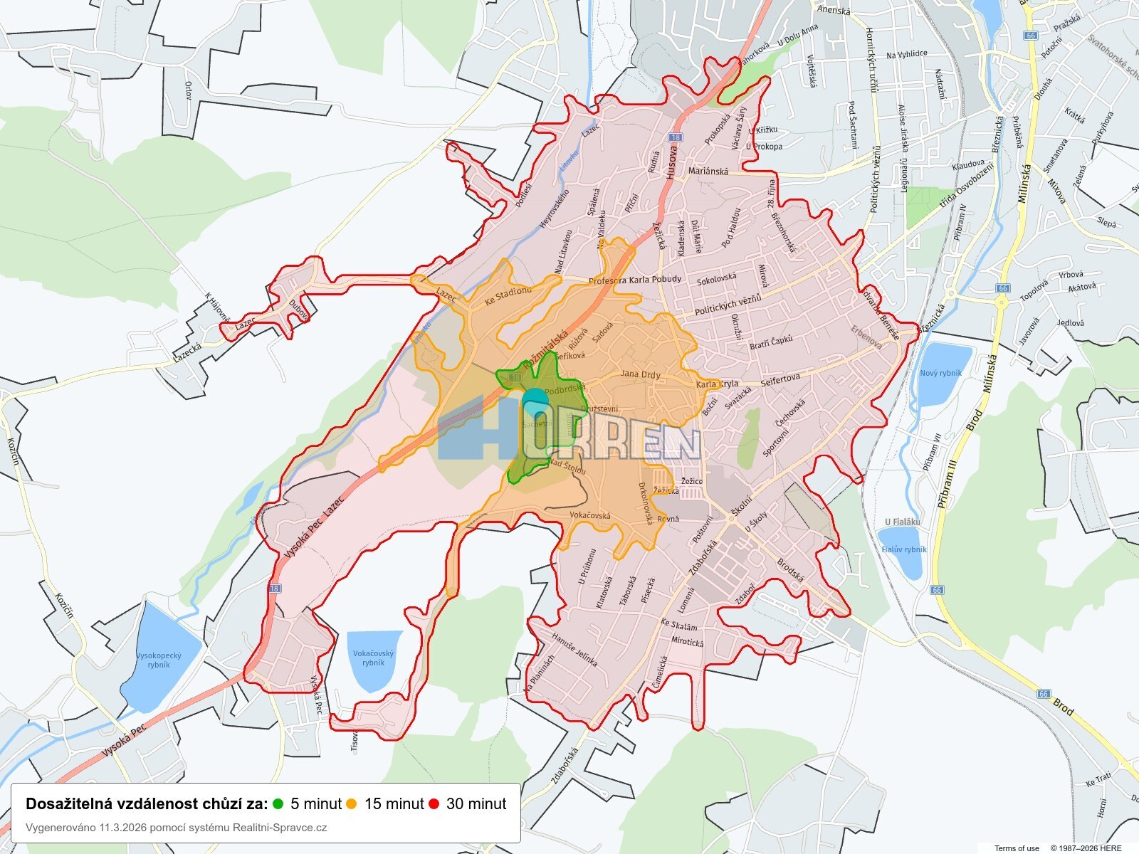 Dosažitelná vzdálenost: chůze