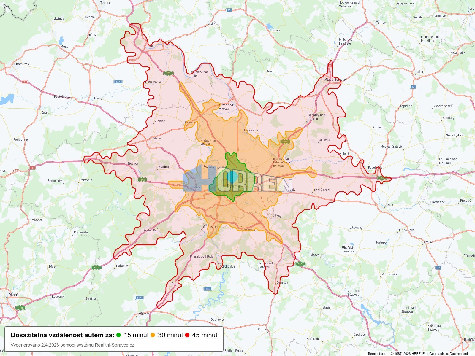 Dosažitelná vzdálenost: auto