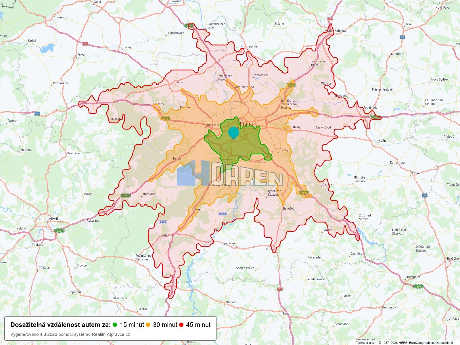 Dosažitelná vzdálenost: auto