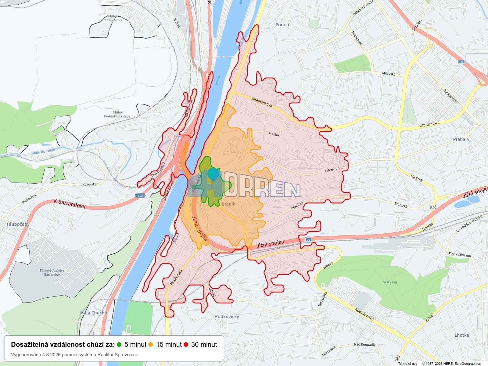 Dosažitelná vzdálenost: chůze