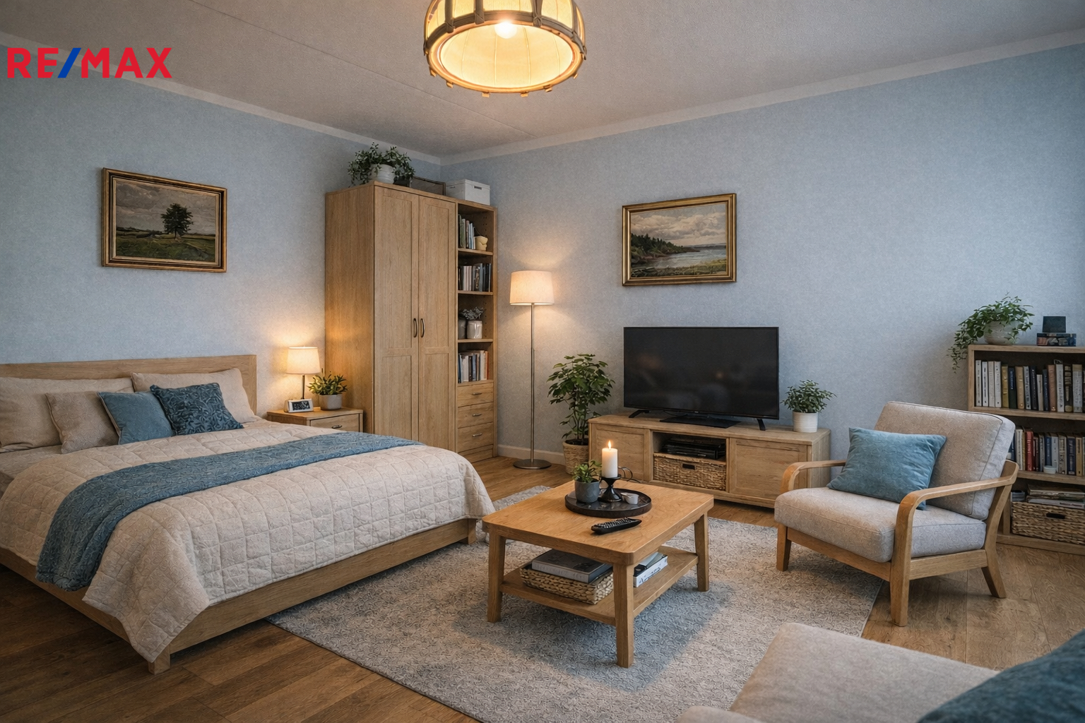 vizualizace ložnice s obývacím koutem