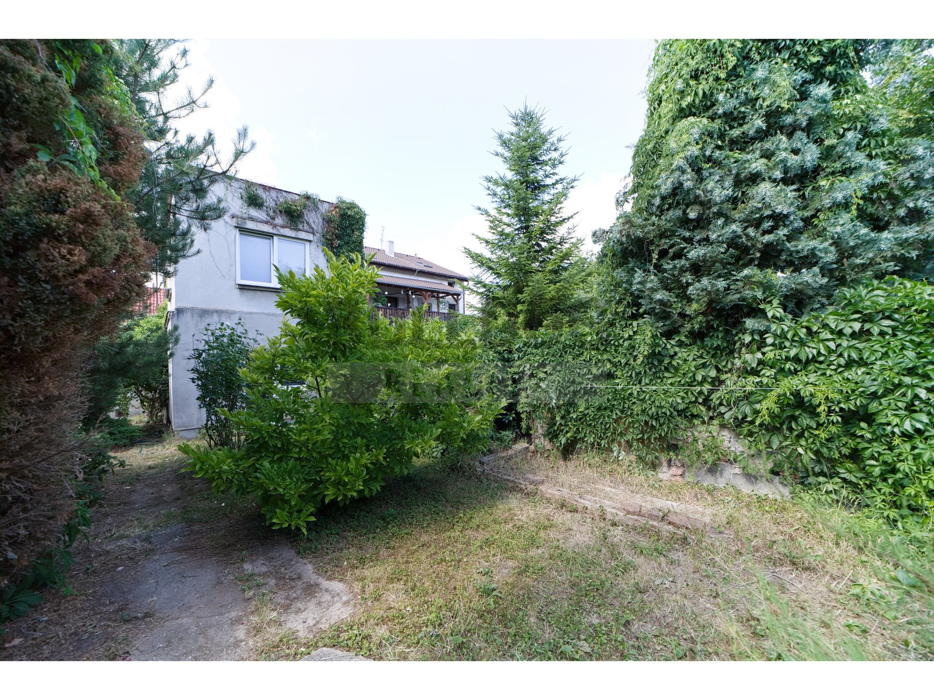 pohled na dům ze zahrady v letních měsících