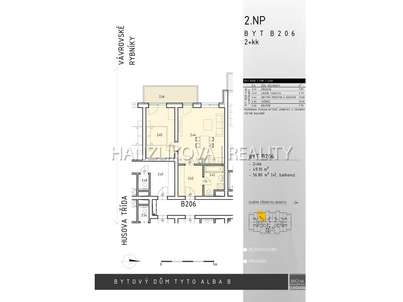 Pronájem novostavby bytu 2+kk (B.206) s balkonem, Bytový dům Vltava