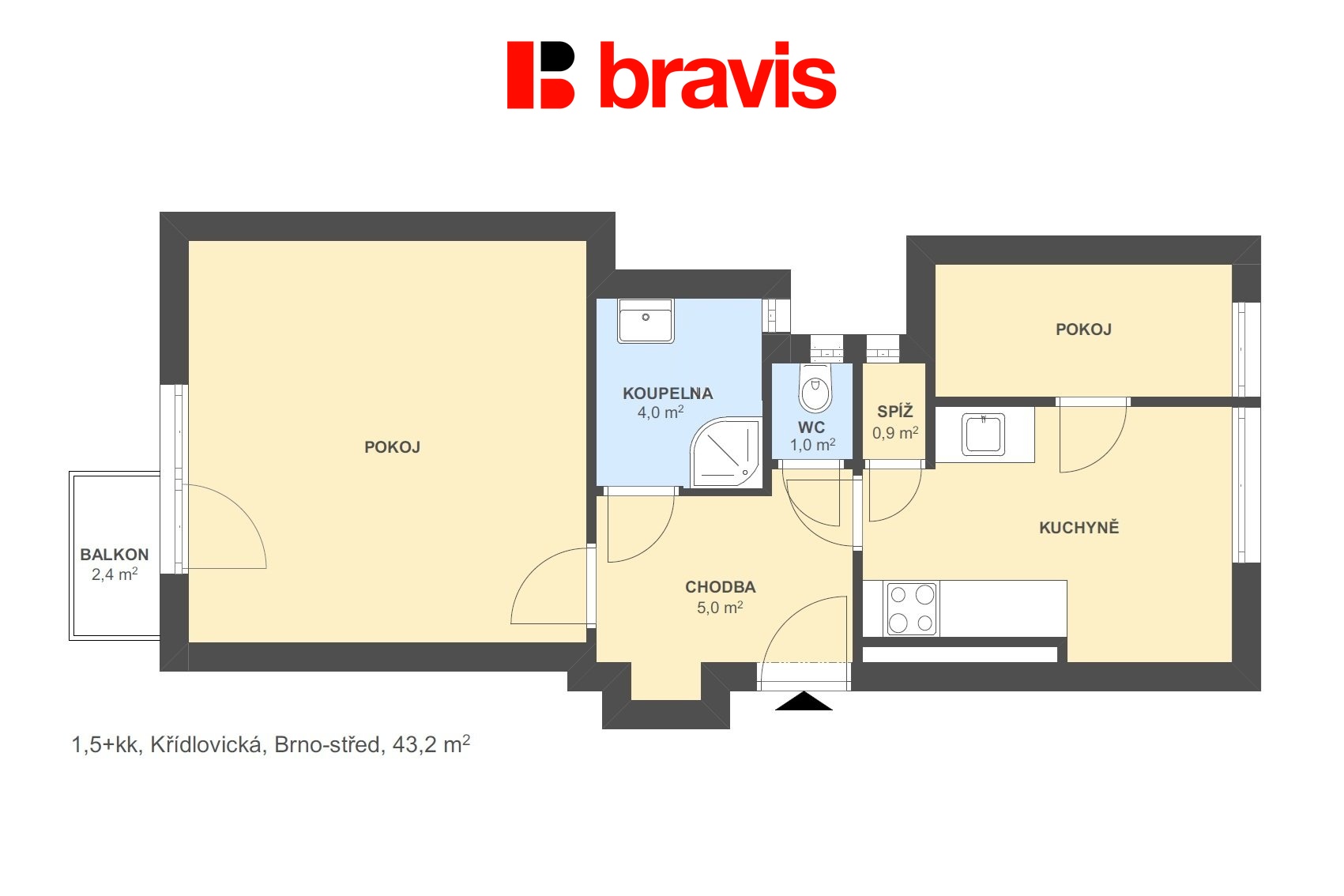 1,5+kk Křídlovická 43,2m2
