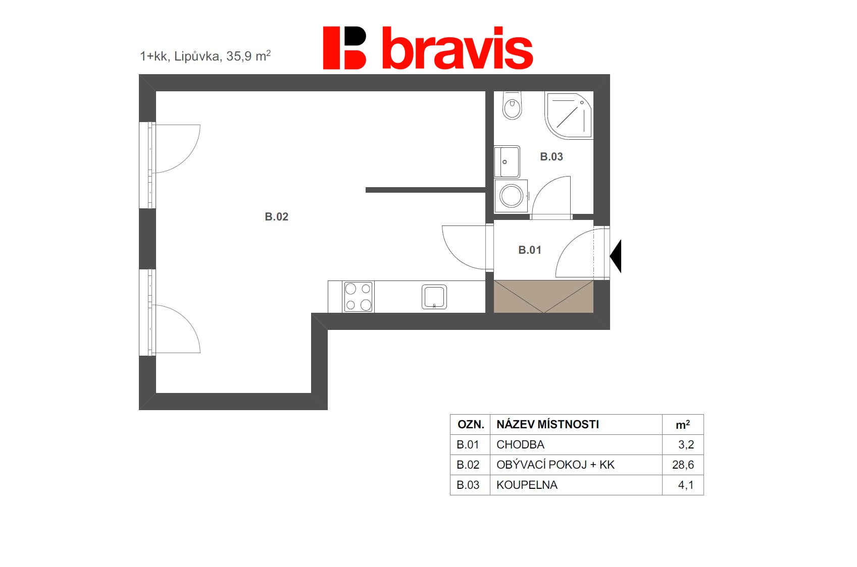 1+kk Lipůvka 35,9m2 byt 2-B