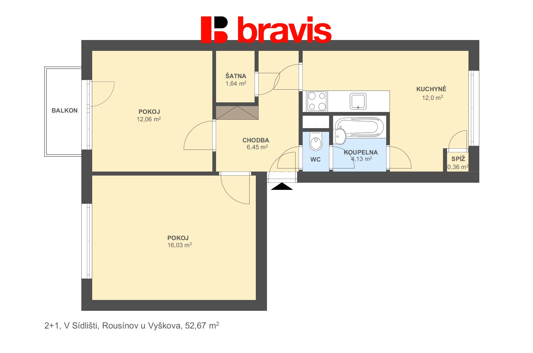 2+1 V Sídlišti 52,67m2