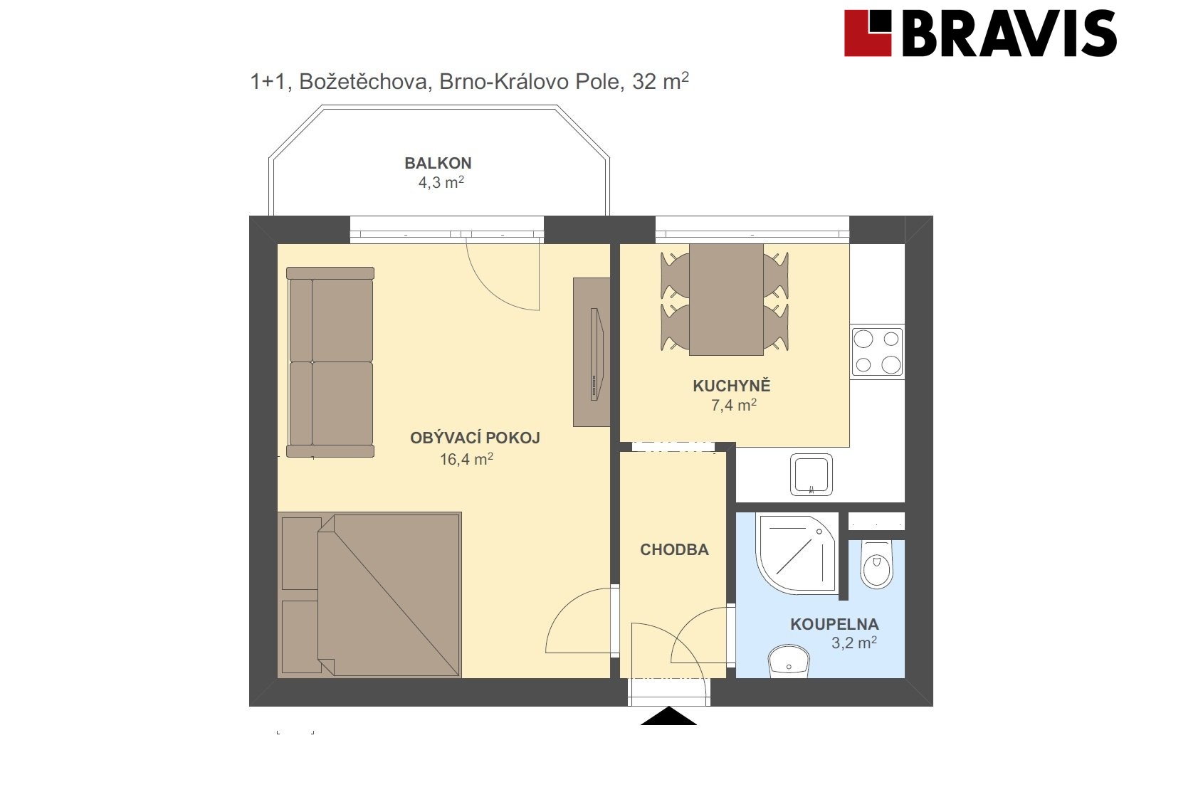 1+1 Božetěchova 32m2