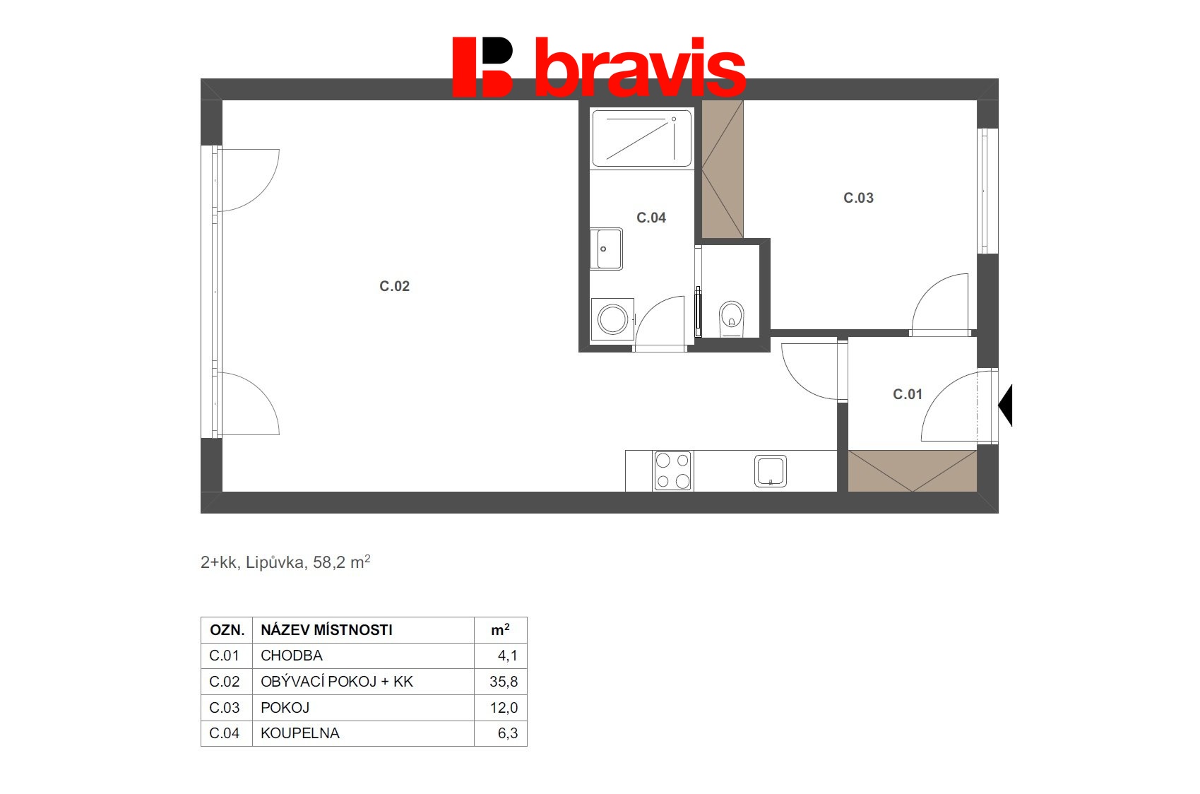 2+kk Lipůvka 58,2m2 ateliér 1.C
