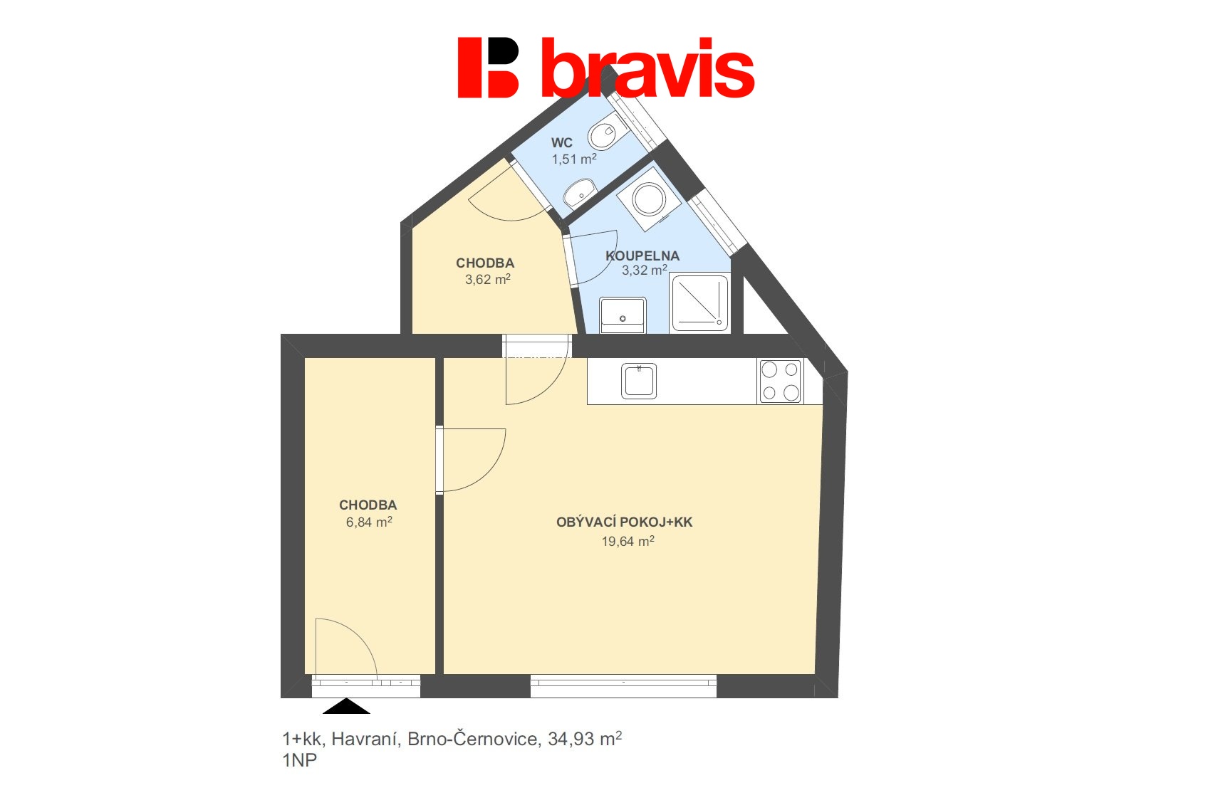 1+kk Havraní 34,93m2 1NP byt č1