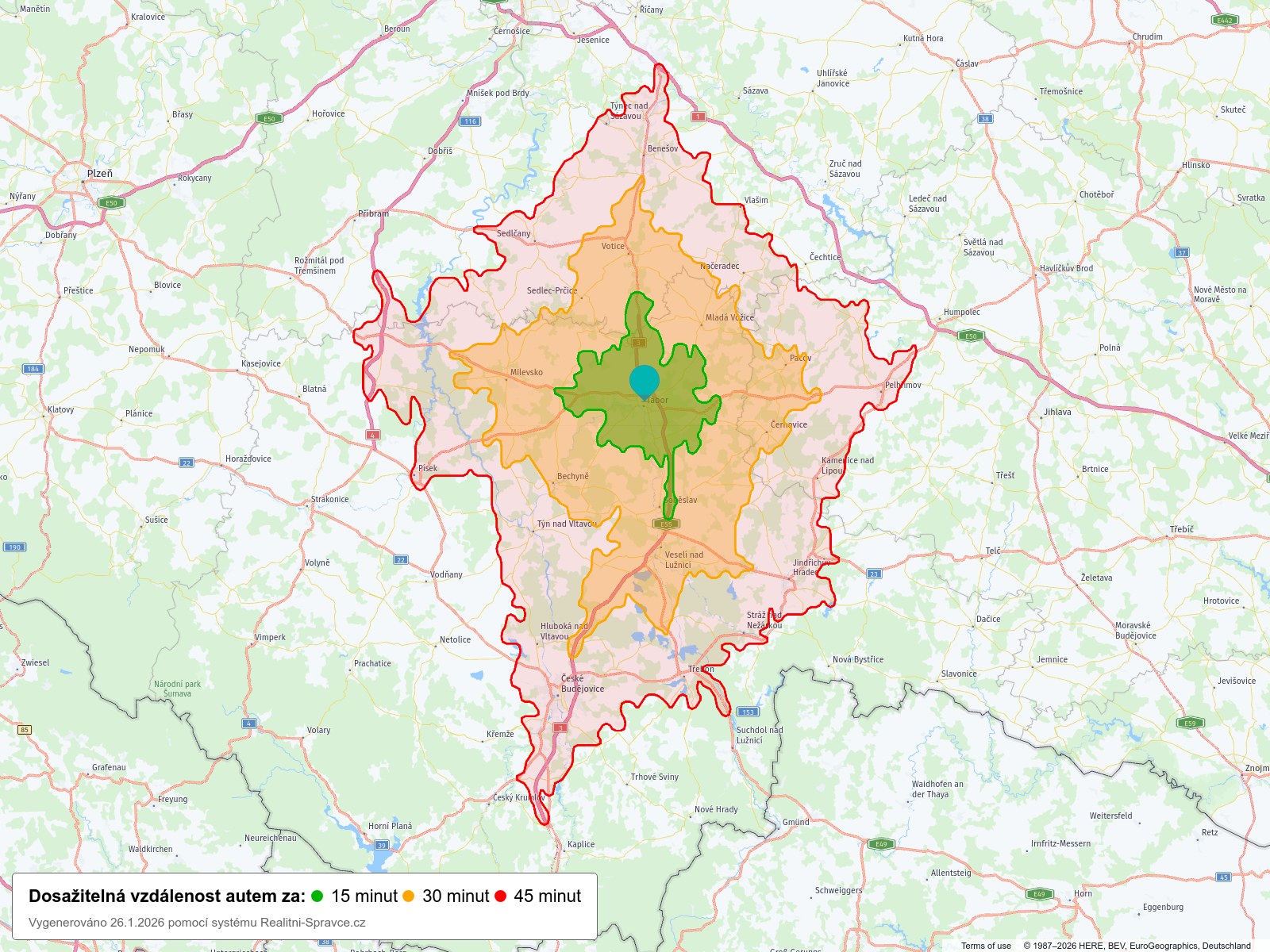 Dosažitelná vzdálenost: auto