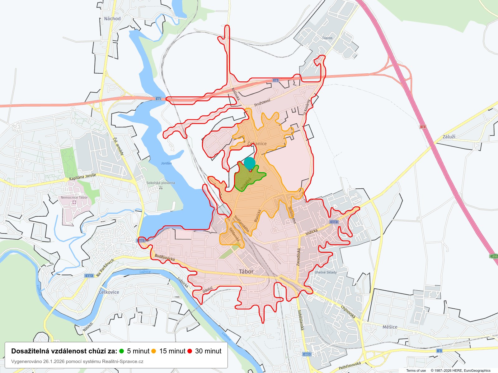 Dosažitelná vzdálenost: chůze