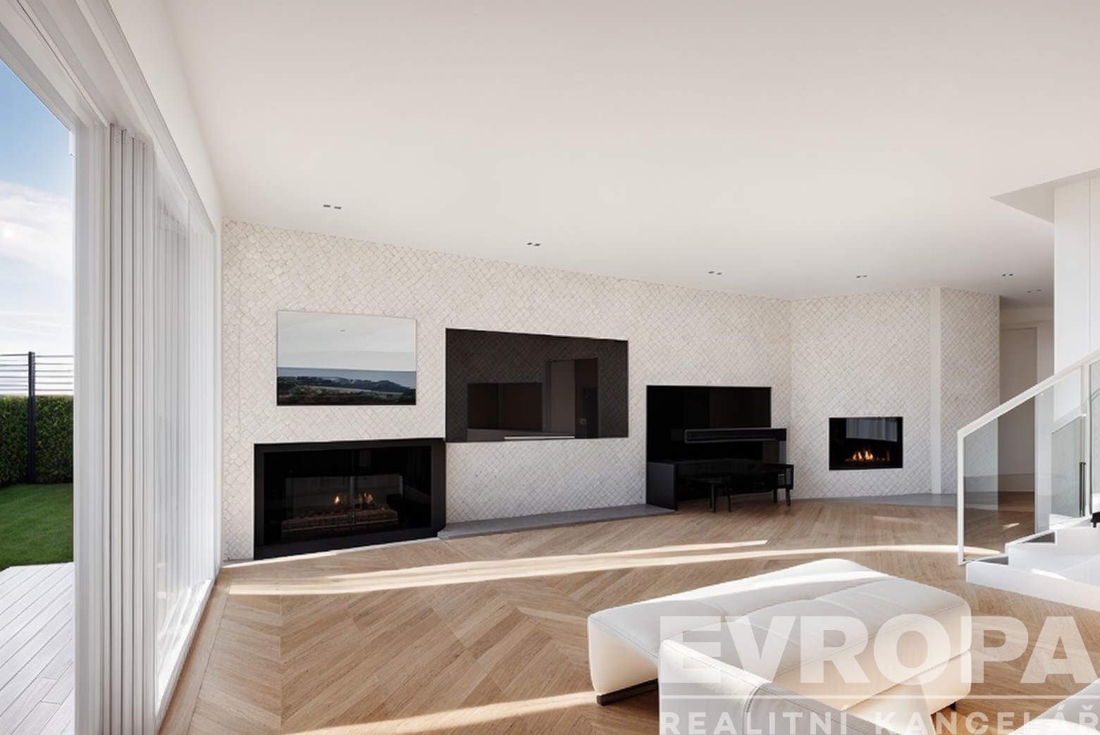 obývací pokoj s parketová podlaha, přirozené světlo, a krb