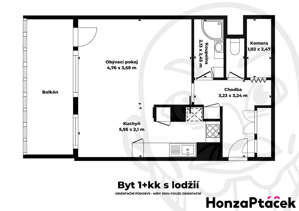 Pronájem bytu 1+kk s lodžií,Poznaňská,Praha Honza Ptáček realitní makléř v Praze-Půdorys