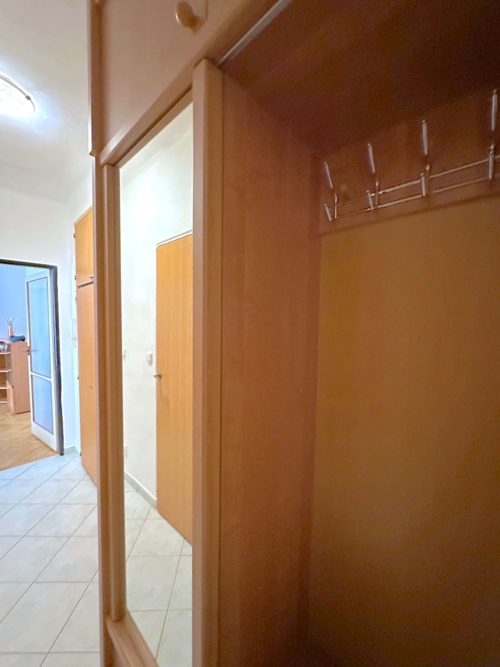 Vestavěná šatní skříň s velkým zrcadlem a věšáky v