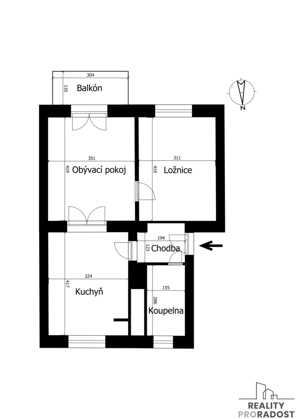 Byt 2+1 Přerov půdorys rozměry