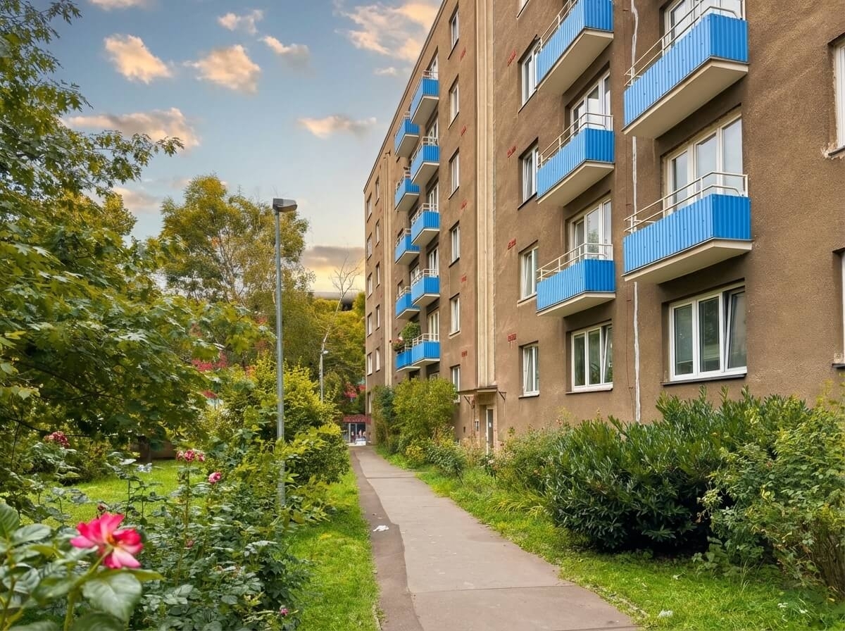 Zahrada u domu s růžemi, chodníkem a modrými balko