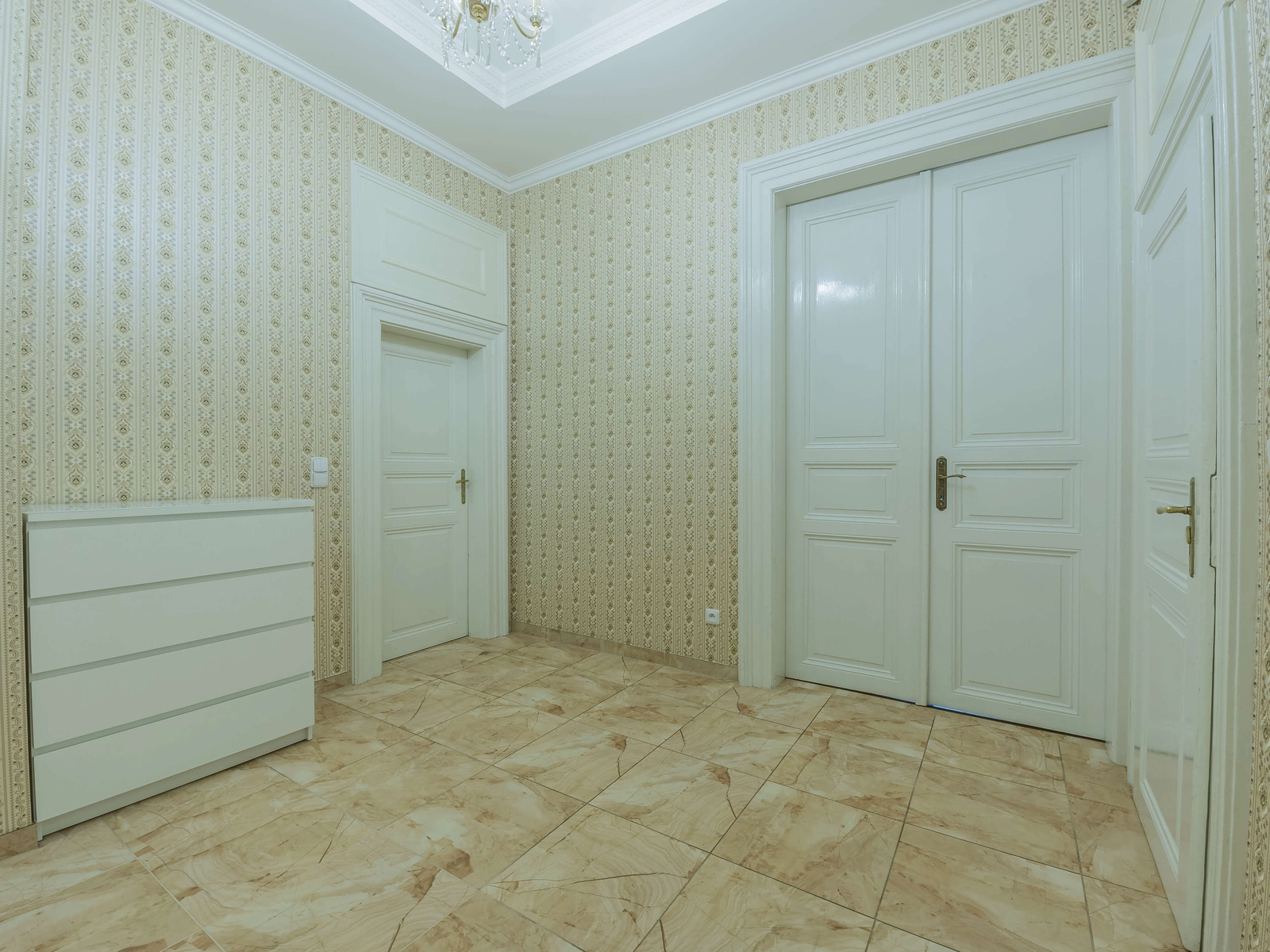 Vstupní hala s dlažbou, vysokými dveřmi a vestavnou skříní. Reprezentativní prostor se stropním svítidlem.